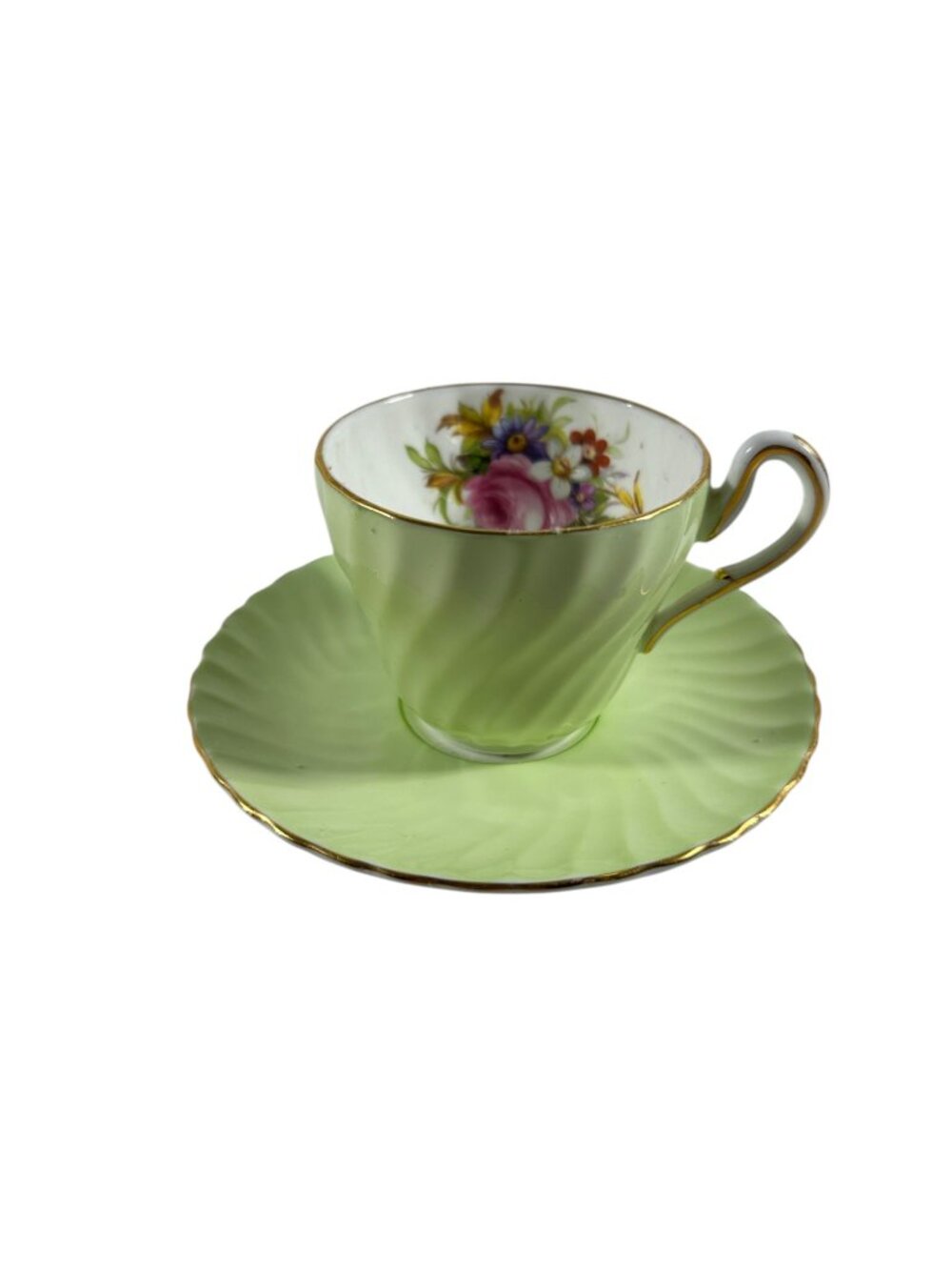 Vintage EB Foley Bone China Teacup Saucer Mint Green Flowers Gold Trim Demitasse